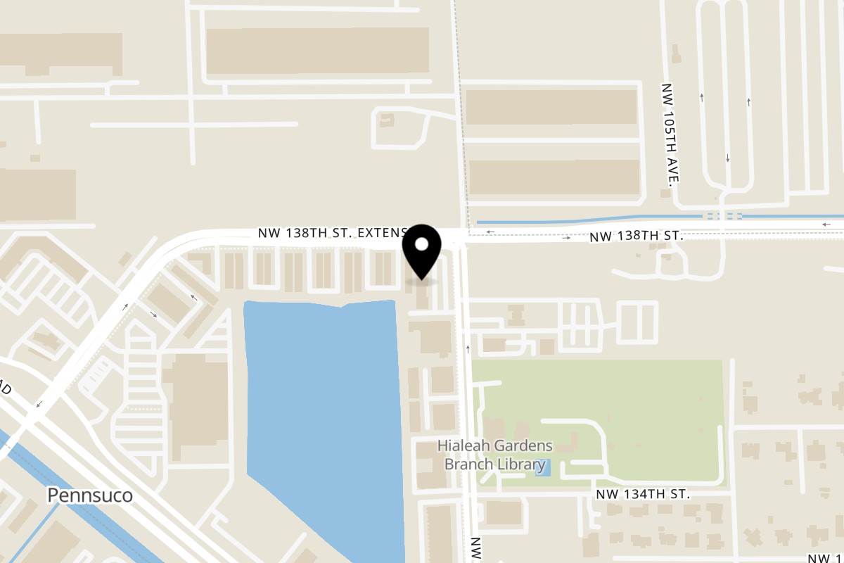 Map showing the location of Craig's Cafe and Bakery on 13750 NW 107th Ave in Hialeah Gardens